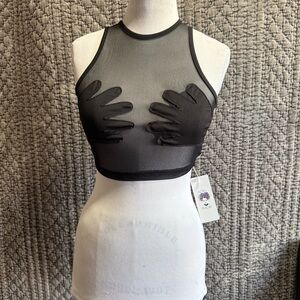 Black Sheer Crop Top with Artistic Design